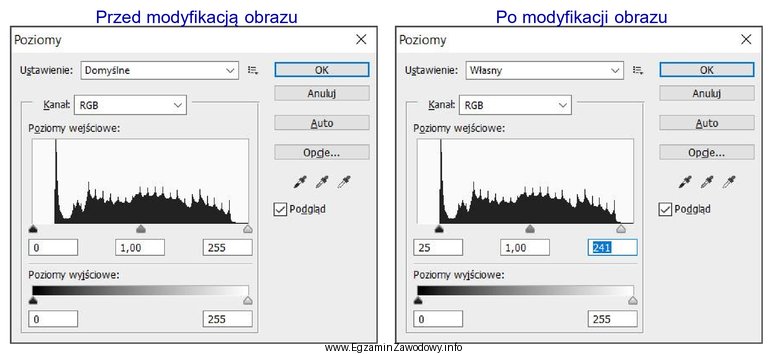 Na podstawie wykresów okna Poziomy przed i po modyfikacji 