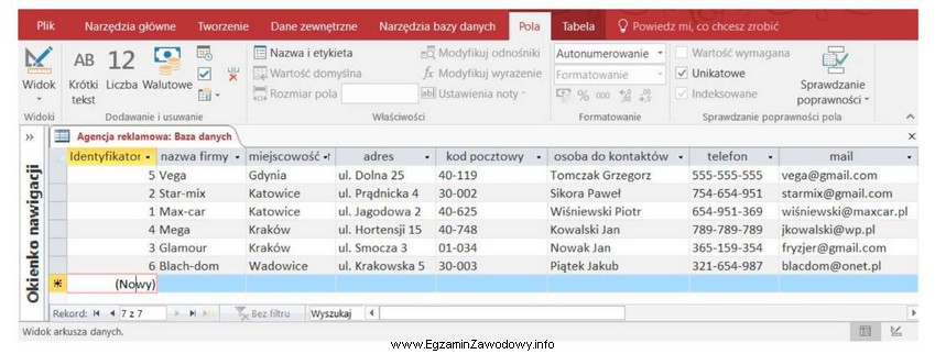 Jakie kryterium sortowania zastosowano w bazie danych, której fragment 