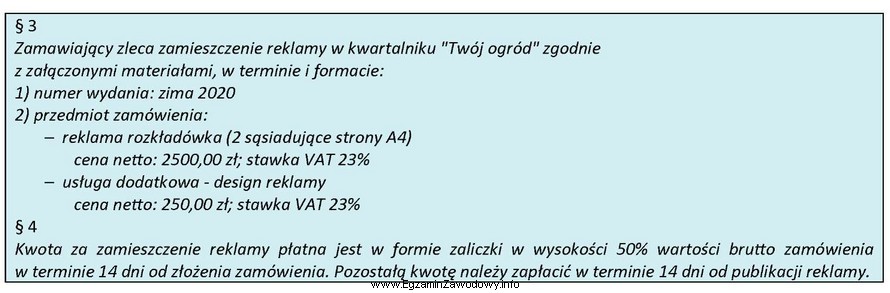 W oparciu o zamieszczony fragment umowy o emisję reklamy prasowej 