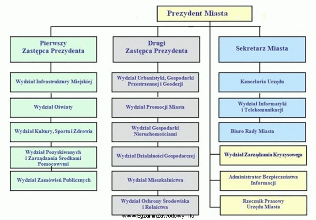 Schemat przedstawia fragment struktury organizacyjnej Urzędu Miasta. Bezpośrednio 