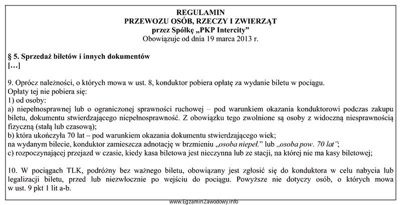 Konduktor zgodnie z Regulaminem Przewozu Osób, Rzeczy i Zwierzą