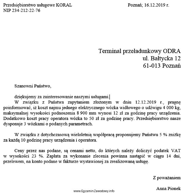 Której informacji nie zawiera przedstawiona oferta?