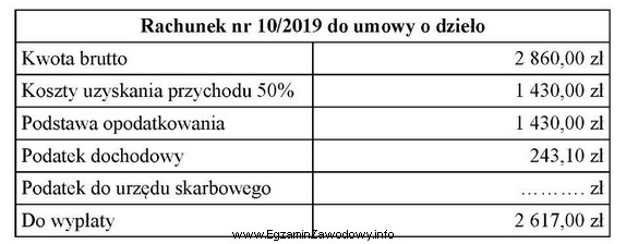 Na podstawie rachunku nr 10/2019 do umowy o dzieło ustal 