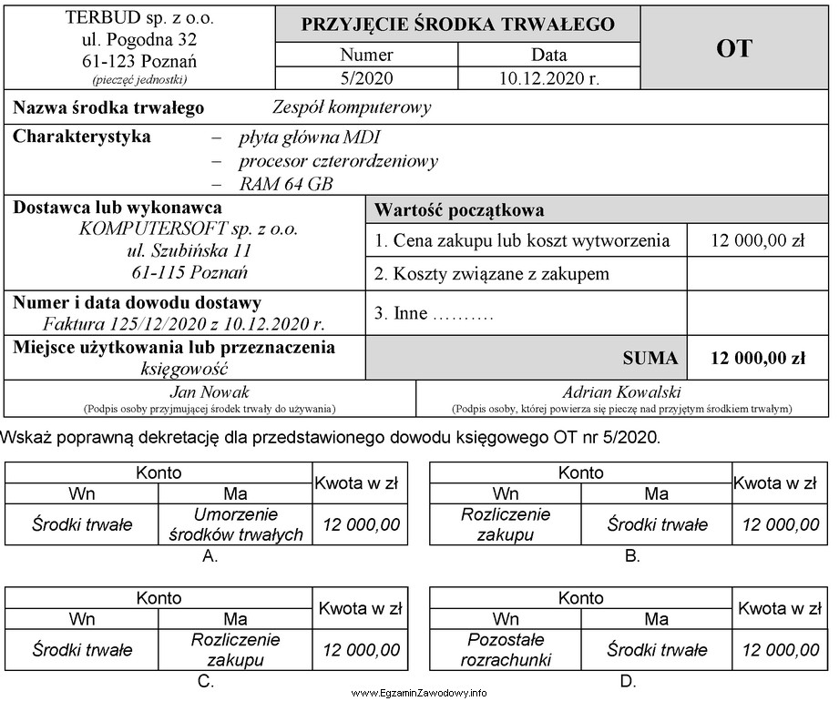 Wskaż poprawną dekretację dla przedstawionego dowodu księgowego OT nr 5/2020.