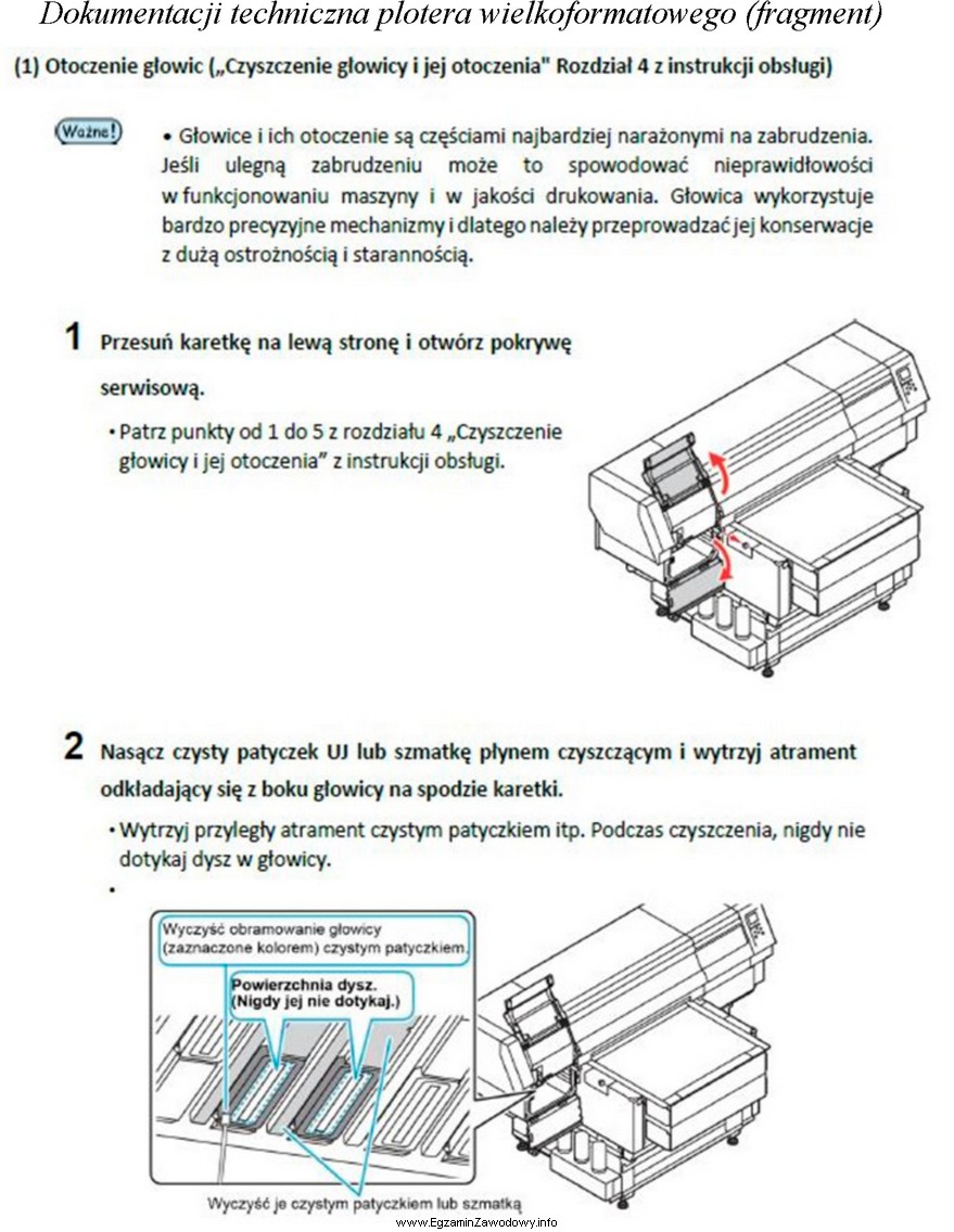 Fragment dokumentacji technicznej plotera wielkoformatowego informuje operatora maszyny o sposobie