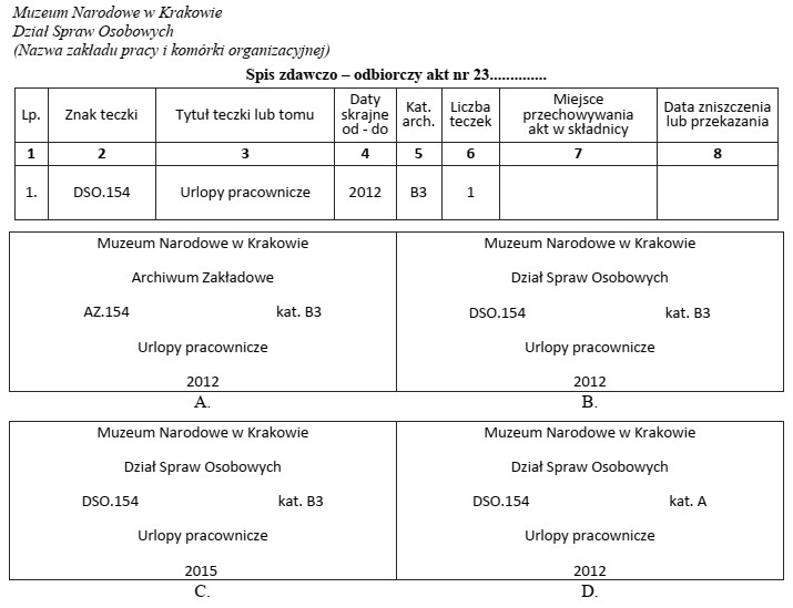 Wskaż prawidłowy opis teczki aktowej dla zamieszczonego spisu zdawczo-odbiorczego 