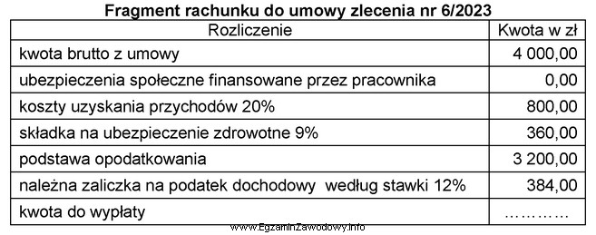 Na podstawie rachunku do umowy zlecenia nr 6/2023, ustal kwotę, któ