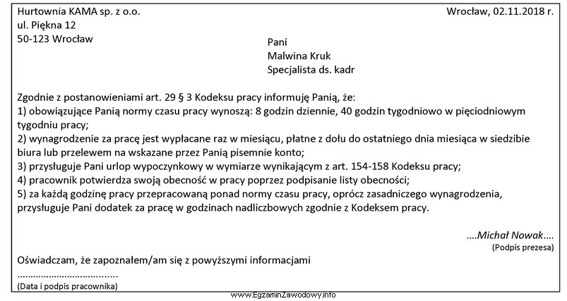 Zamieszczone pismo sporządzone w Hurtowni KAMA sp. z o.