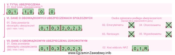 Fragment formularza informuje, że do obowiązkowych ubezpieczeń społ