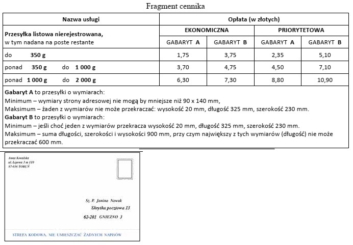 Ile zapłaci klient za wysłanie przedstawionego listu o 