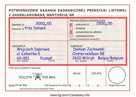 Na podstawie zamieszczonego potwierdzenia nadania można stwierdzić, że