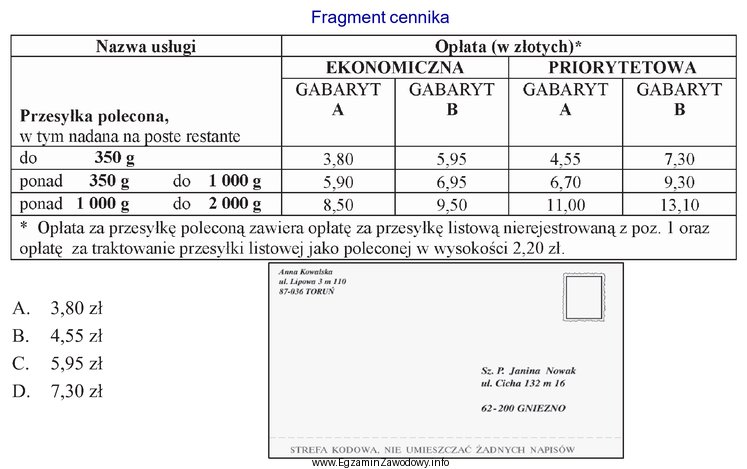 Ile zapłaci klient za wysłanie zamieszczonego listu o 