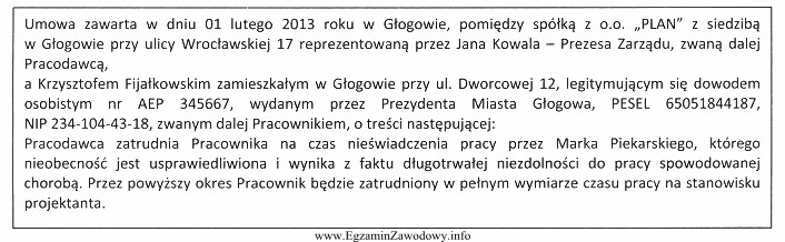 Umowę, której fragment zamieszczono powyżej, Kodeks pracy zalicza 