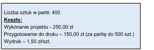 Oblicz koszt jednostkowy ulotki na podstawie załączonych danych.