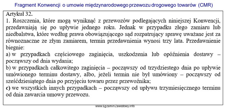 Na podstawie fragmentu konwencji CMR, okres przedawnienia roszczeń z umowy 