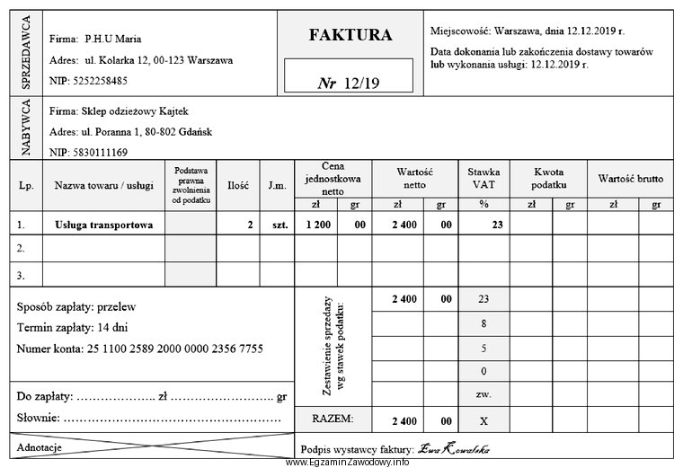 Ile wyniesie kwota podatku w przedstawionej fakturze?