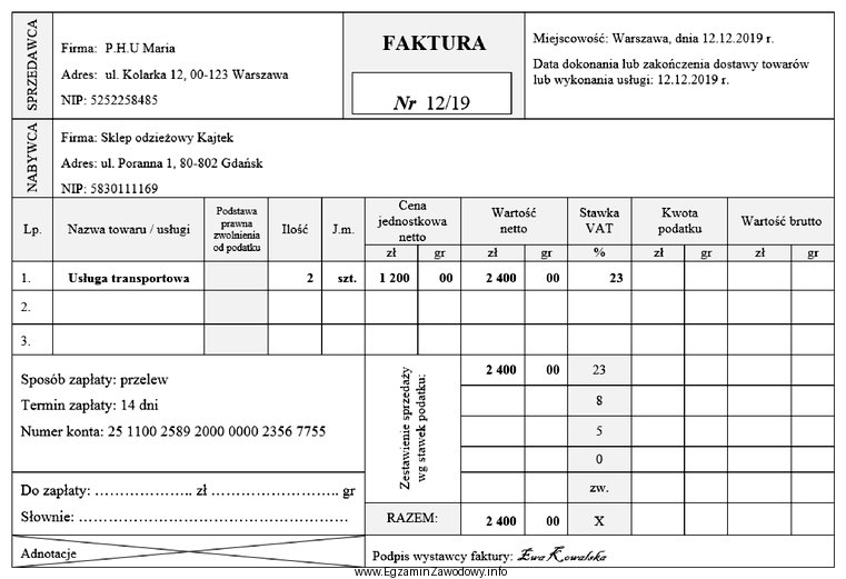 Ile wyniesie kwota podatku w przedstawionej fakturze?