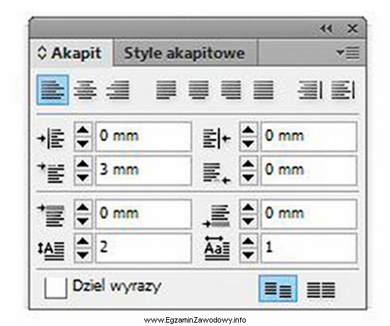 Określ na podstawie ilustracji parametry akapitu przygotowywanej publikacji.