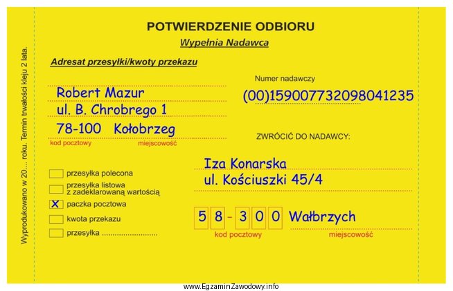 Na podstawie zamieszczonego potwierdzenia odbioru można stwierdzić, że