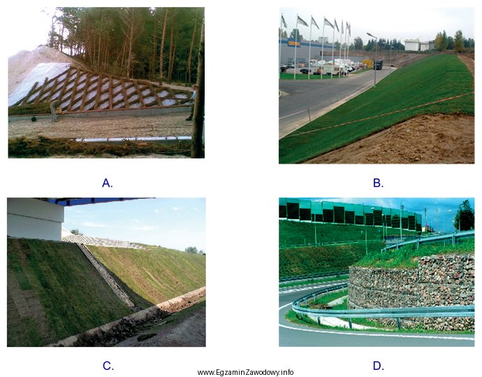 Który z przedstawionych na rysunkach sposobów zabezpieczania skarp 
