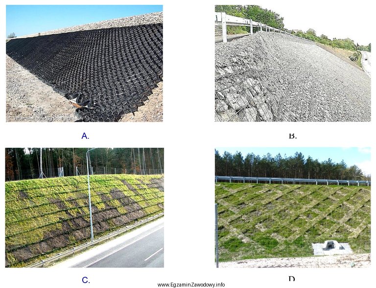 Na którym rysunku przedstawiono umocnienie skarpy nasypu wykonane za 