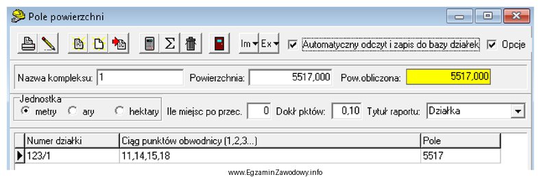 Na podstawie danych z widoku okna dialogowego z programu geodezyjnego 