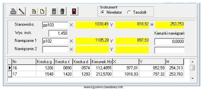 Przedstawione okno dialogowe z programu do obliczeń geodezyjnych, wskazuje na 