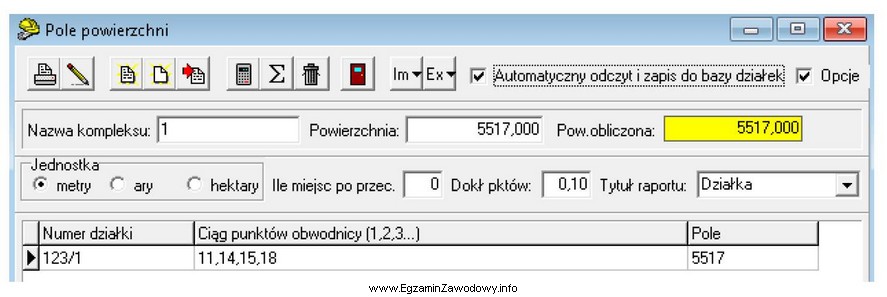 Na podstawie danych z programu geodezyjnego określ, ile wynosi 