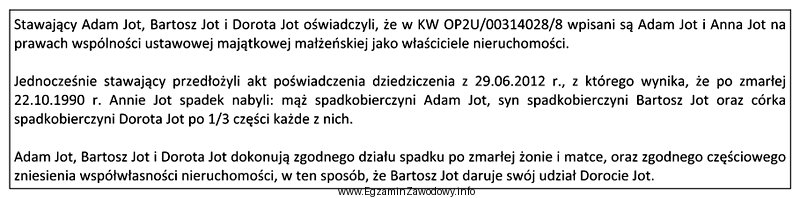 Na podstawie przedstawionego streszczenia Umowy o dział spadku i czę