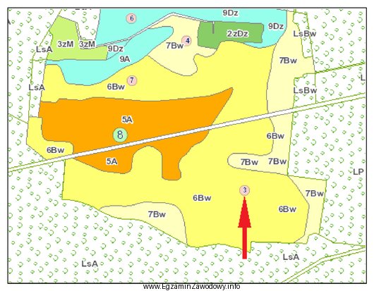 Na przedstawionym fragmencie mapy glebowo-rolniczej czerwoną strzałką wskazano