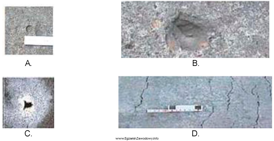 Na którym rysunku przedstawiono uszkodzenie nawierzchni z betonu cementowego 