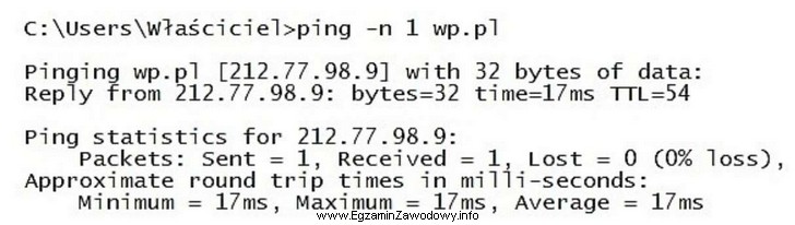 W wyniku wykonania zamieszczonego polecenia ping parametr TTL informuje o