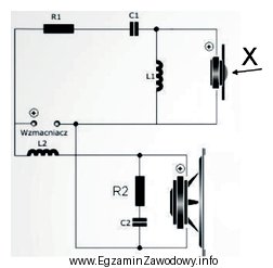 Na schemacie symbolem X zaznaczono uszkodzony głośnik w 