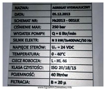 Na podstawie przedstawionej tabliczki znamionowej pompy hydraulicznej określ jej 