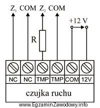 Na ilustracji przedstawiono schemat połączeń czujki ruchu. W 