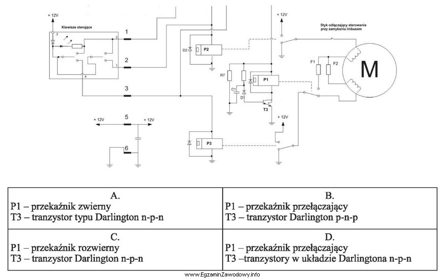 Na schemacie ideowym przedstawiono fragment układu sterowania szyberdachem, w 