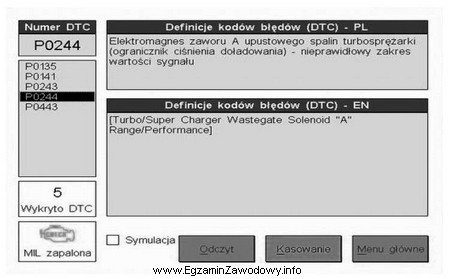 Przedstawiony widok ekranu komputerowego urządzenia diagnostycznego informuje o niesprawnoś