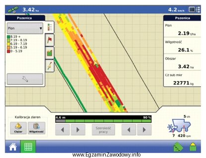 Zrzut obrazu z monitora plonu kombajnu zbożowego pokazuje fragment 