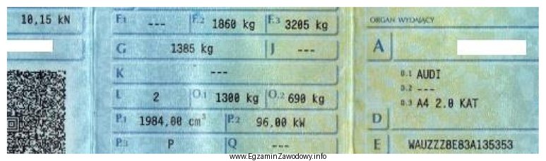 Na podstawie rysunku przedstawiającego fragment dowodu rejestracyjnego wskaż moc 