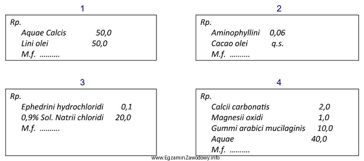 Leki recepturowe 1, 2, 3, 4 powinny być sporządzone odpowiednio w postaci: