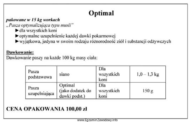 Na podstawie przestawionego opisu paszy uzupełniającej 