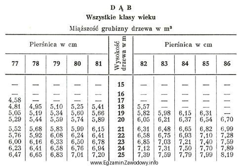 Miąższość grubizny dębu o wysokości 21,5 