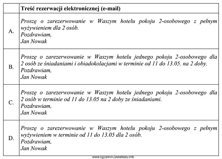 Wybierz prawidłową treść rezerwacji dokonanej przez pracownika biura 