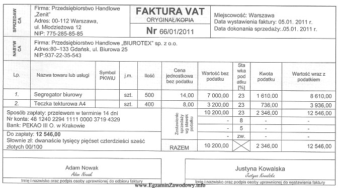 Na podstawie zamieszczonej faktury VAT, określ kwotę podatku VAT 