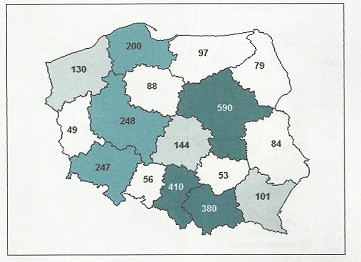 Korzystając z mapy Polski przedstawiającej liczbę biur podró