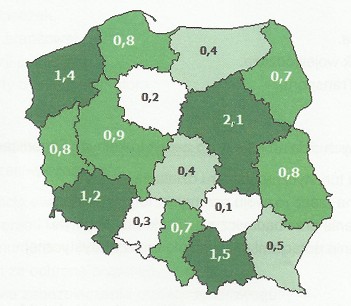 Na podstawie zamieszczonej mapy Polski, przedstawiającej liczbę turystów 